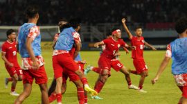 Pemain tim nasional Indonesia merayakan gol saat indonesia unggul melawan malaysia di semi final piala ASEAN U-19, dengan gol itu Indonesia memastikan diri untuk melanggeng ke final melawan Thailand (pssi)