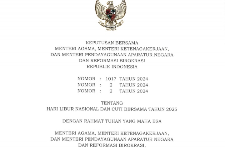 Pemerintah Tetapkan ada 27 Hari Libur Nasional dan Cuti Bersama Tahun 2025