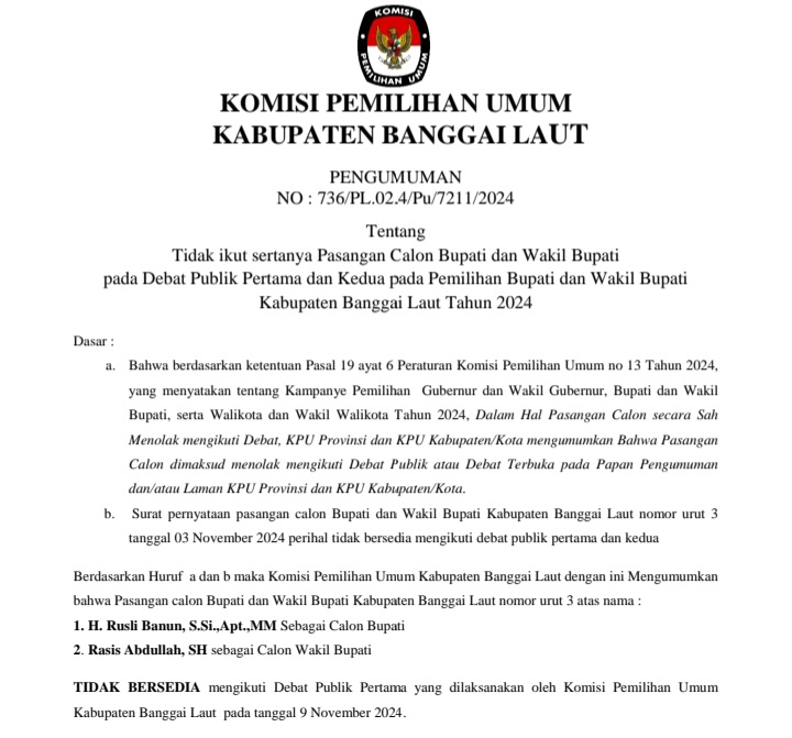 Diduga Takut, Paslon 03 Rusli Banun-Rasis Abdullah Tak Hadiri Debat Publik Putaran Pertama