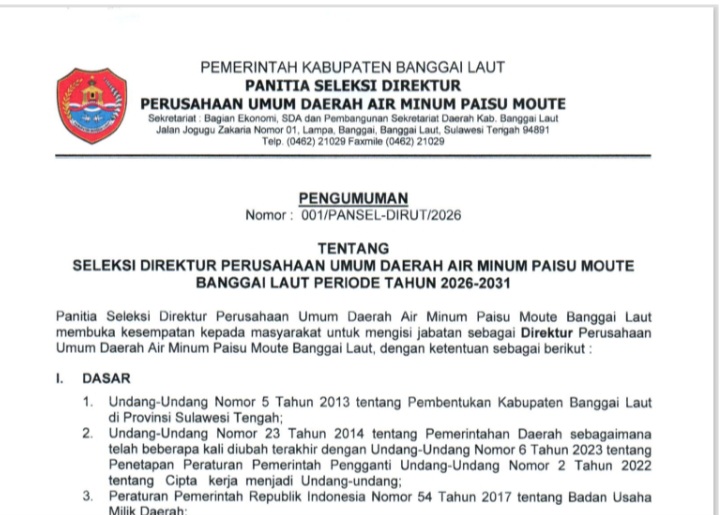 Pengumuman seleksi Direktur PDAM PAISU MOUTE